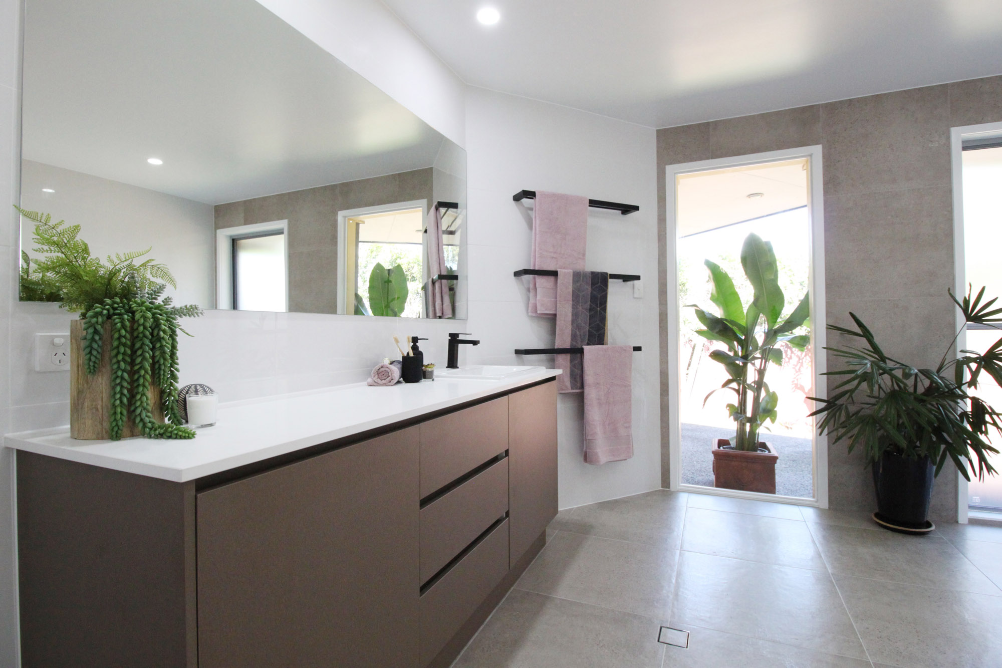 Dark Woodgrain Custom Vanity Bathroom Renovation with Triple Black Towel Rails