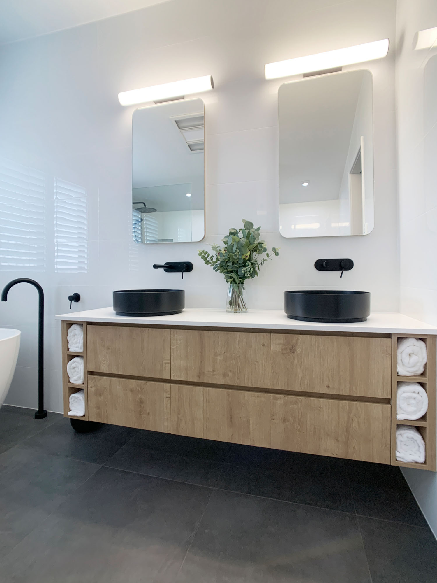 Dual Vanity & Shaving Cabinets - Overhead Lighting and Black Accessories