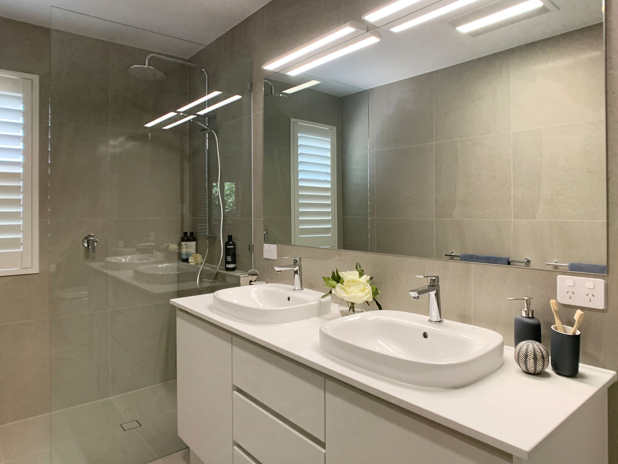Double Vanity and Towel Rails - Extra large mirror with overhead LED Lighting