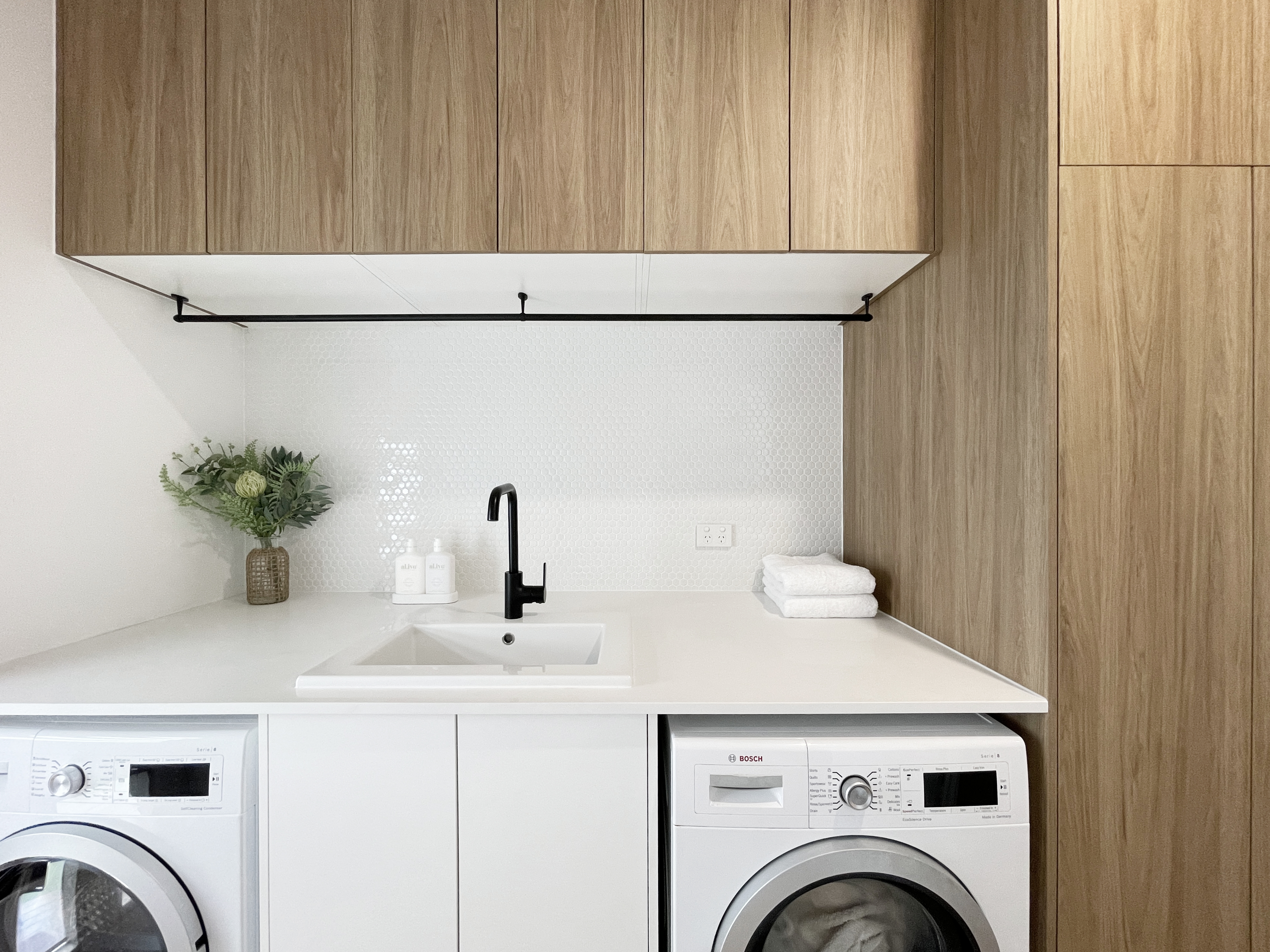 Laundry Under Bench appliances - White and Woodgrain Cabinets