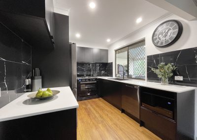All Black Kitchen White Benchtops - Black Appliances, Granite Tiles